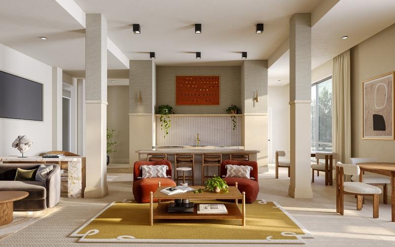 a large room with a large table and chairs