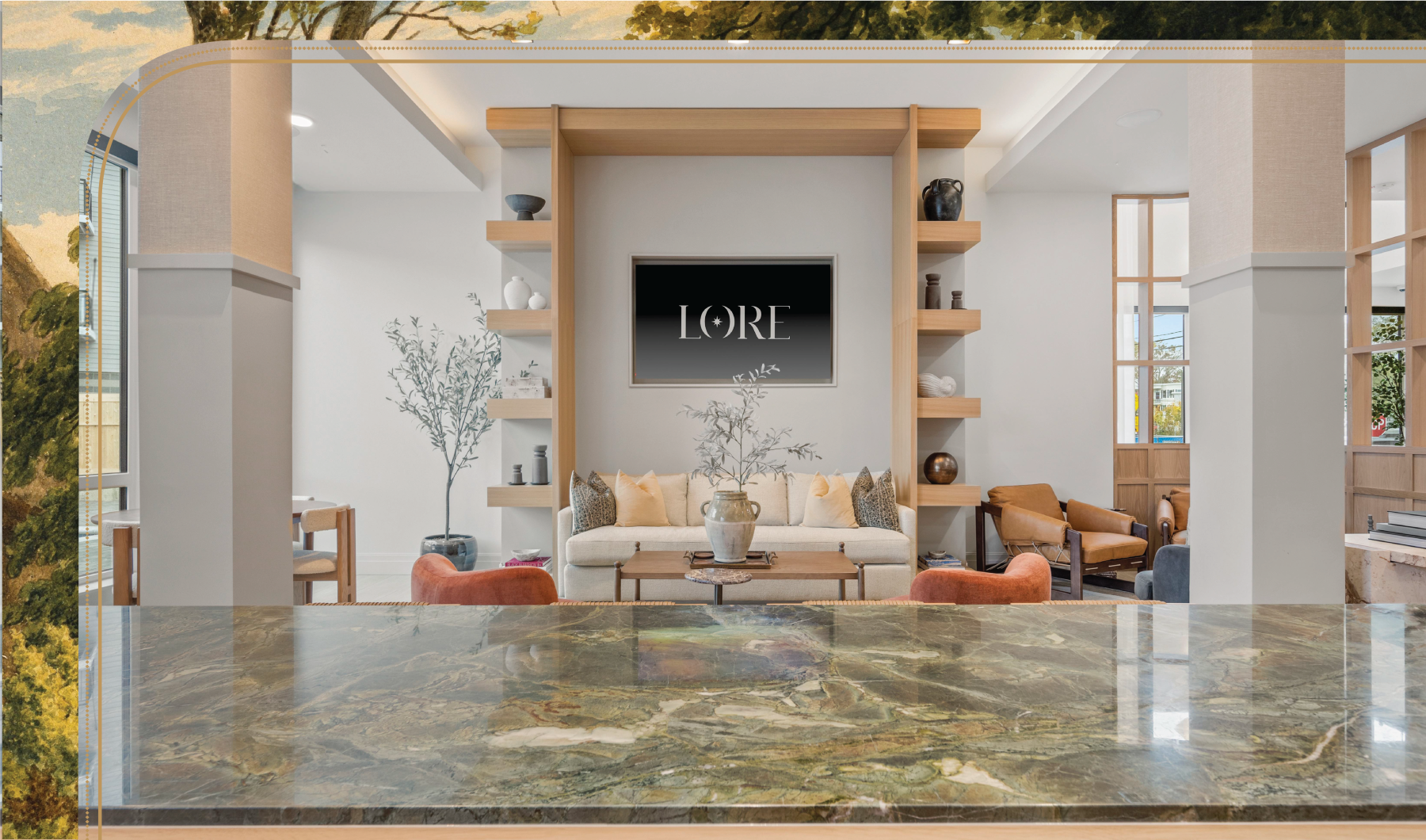 a spacious clubroom with lounge seating