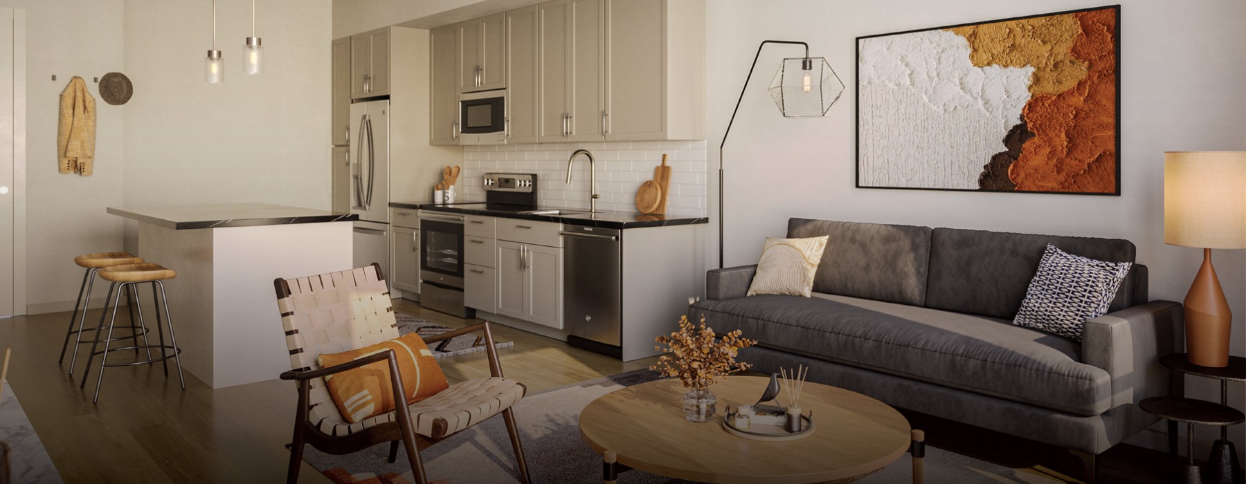 a living room with a couch and a table