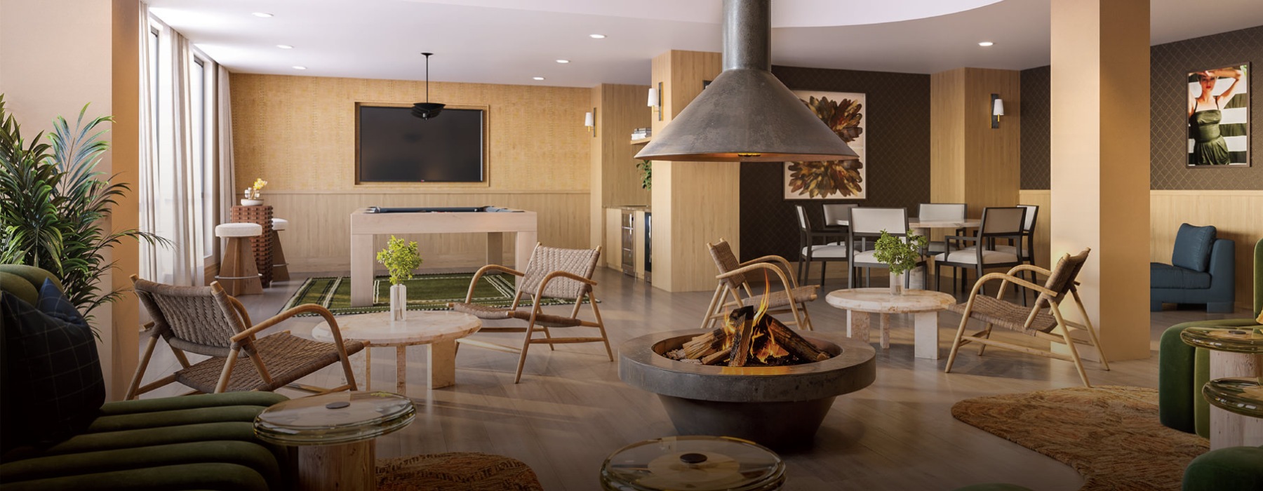 a room with a round table and chairs